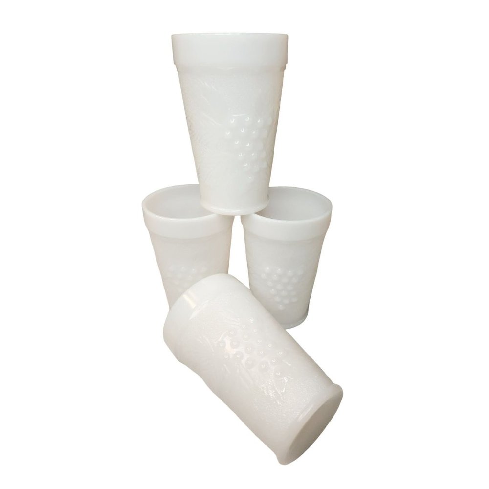 Vintage 1960's Set of 4 White Milk Glass Tumblers Cups Grape Leaf Design EUC